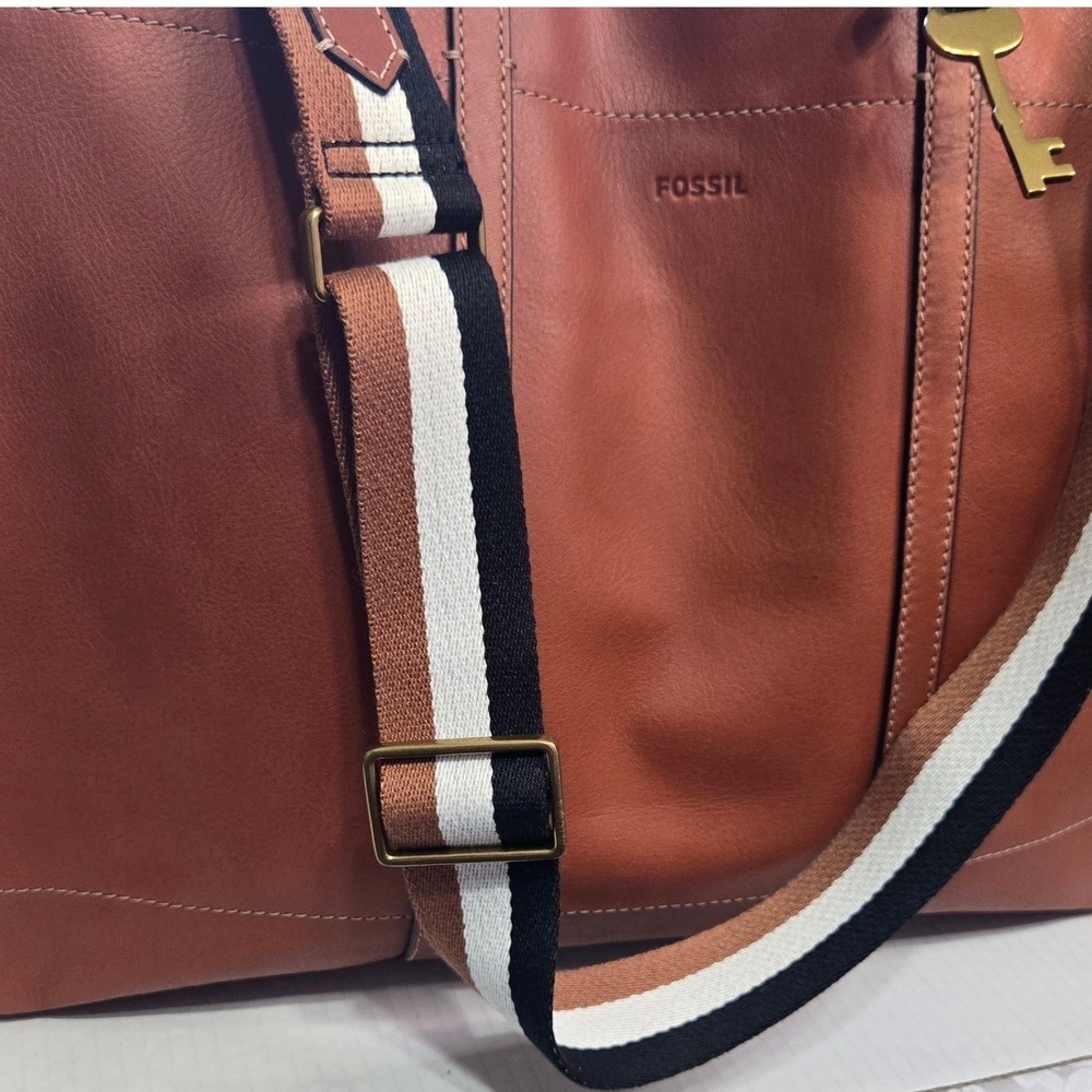 Fossil Brown Leather Tote with Striped Shoulder Strap - Picture 5 of 12